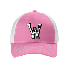 Load image into Gallery viewer, Woodson Whiskey W Snapback Ponytail Trucker Hat - True Pink / White